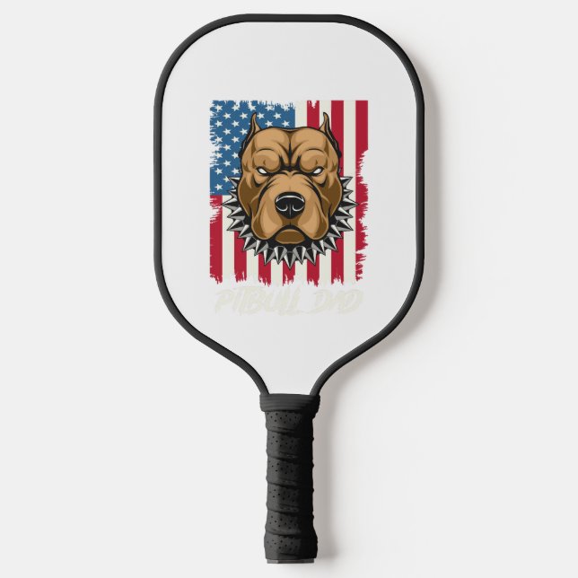 Pitbull Dad USA Flag Patriotic Fathers Day Gift Pickleball Paddle (Front)