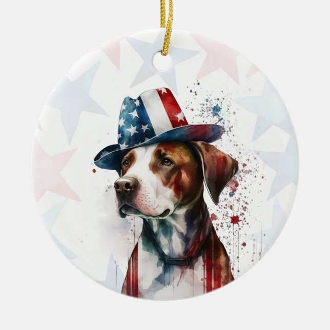 Pitbull Dog, 4th of july Personalised Ceramic Tree Decoration (Front)