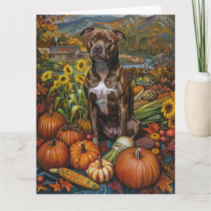 Pitbull Dog Autumn Harvest Thanksgiving Card