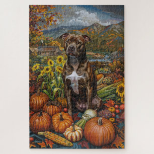 Pitbull Dog Autumn Harvest Thanksgiving Jigsaw Puzzle