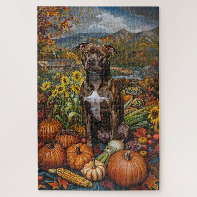 Pitbull Dog Autumn Harvest Thanksgiving Jigsaw Puzzle (Vertical)