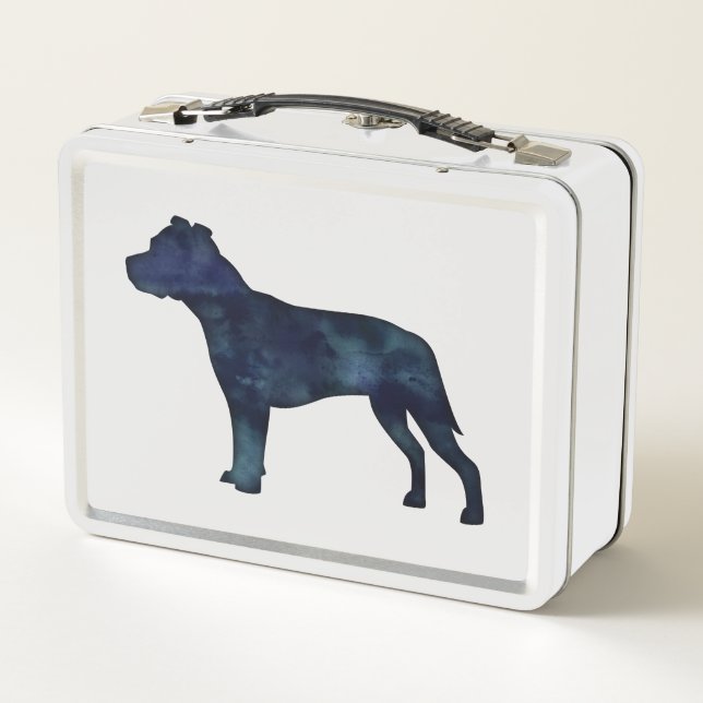 Pitbull Dog Breed Silhouette Black Watercolor Metal Lunch Box (Back)