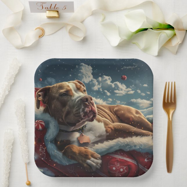 Pitbull Dog Christmas Festive Paper Plate (Wedding)