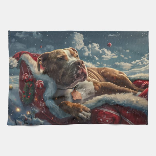 Pitbull Dog Christmas Festive Tea Towel (Horizontal)