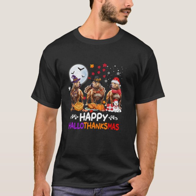 Pitbull Dog Christmas Happy Hallothankmas Thanksgi T-Shirt (Front)