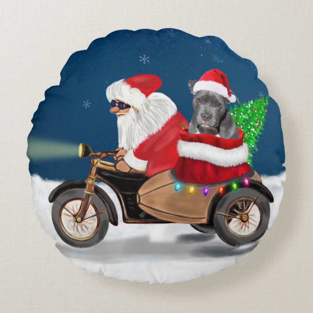 Pitbull Dog Christmas Santa Claus   Round Cushion (Front)
