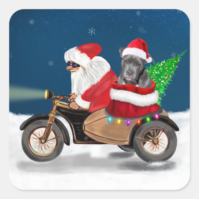 Pitbull Dog Christmas Santa Claus Square Sticker (Front)