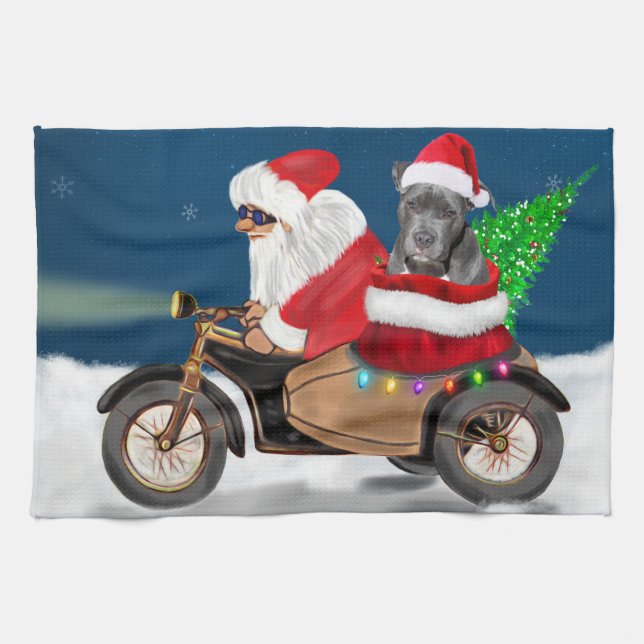 Pitbull Dog Christmas Santa Claus  Tea Towel (Horizontal)