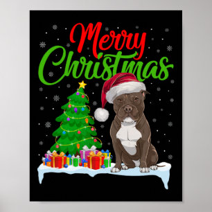 Pitbull Dog Christmas Tree Lights Xmas Pitbull Dog Poster