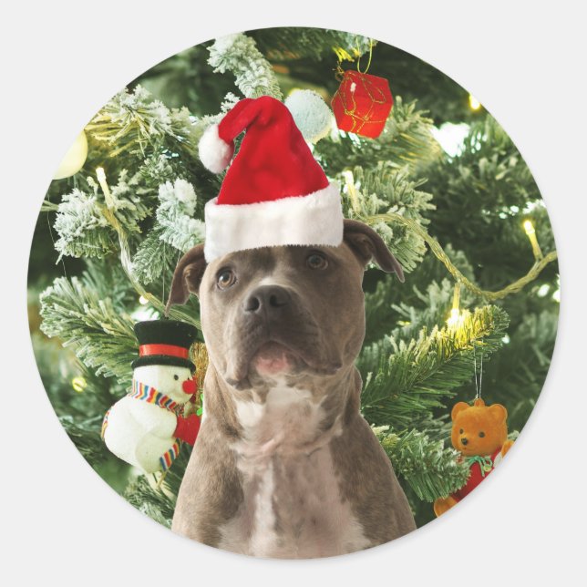 Pitbull Dog Christmas Tree Ornaments Snowman Classic Round Sticker (Front)