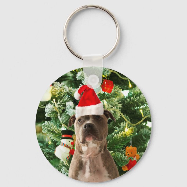 Pitbull Dog Christmas Tree Ornaments Snowman Key Ring (Front)