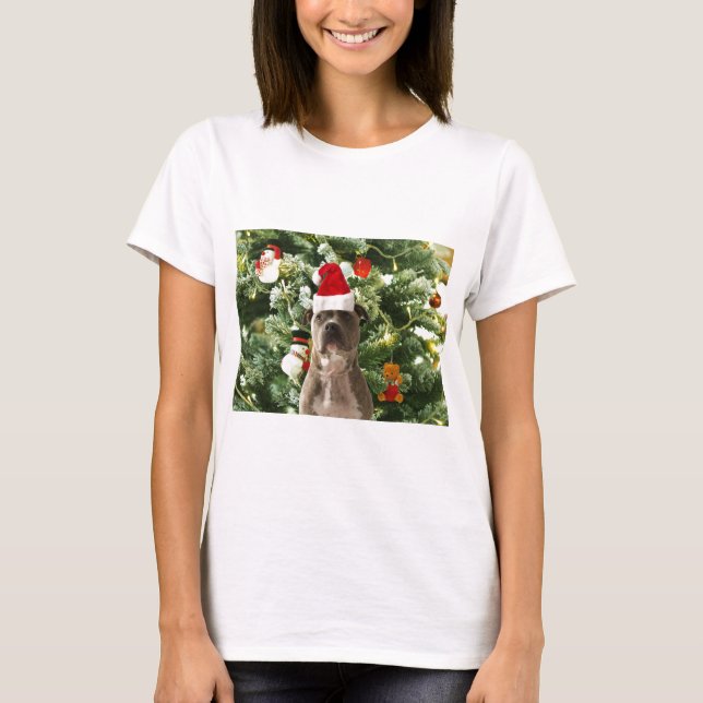 Pitbull Dog Christmas Tree Ornaments Snowman T-Shirt (Front)