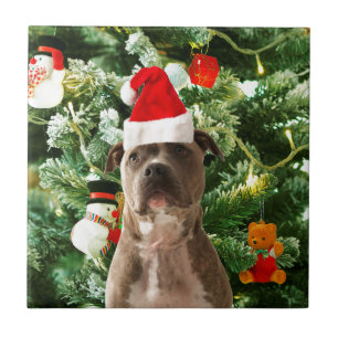 Pitbull Dog Christmas Tree Ornaments Snowman Tile