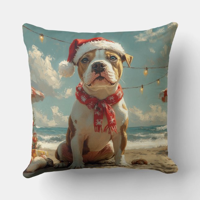 Pitbull Dog Christmas Vintage Beach  Cushion (Back)