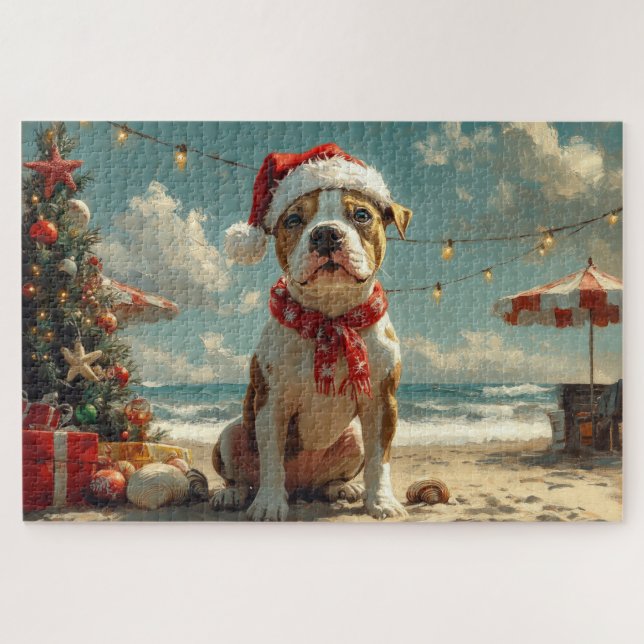 Pitbull Dog Christmas Vintage Beach  Jigsaw Puzzle (Horizontal)