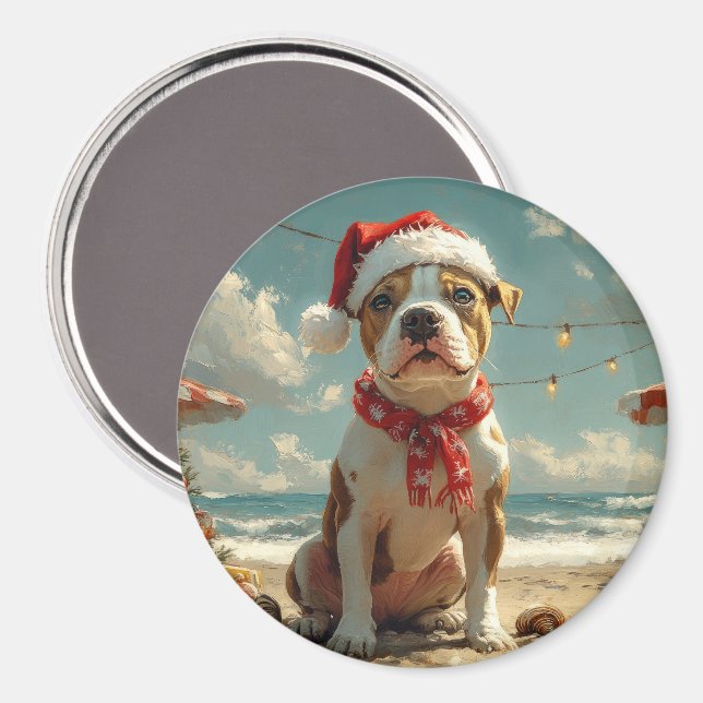 Pitbull Dog Christmas Vintage Beach  Magnet (Front/Back)