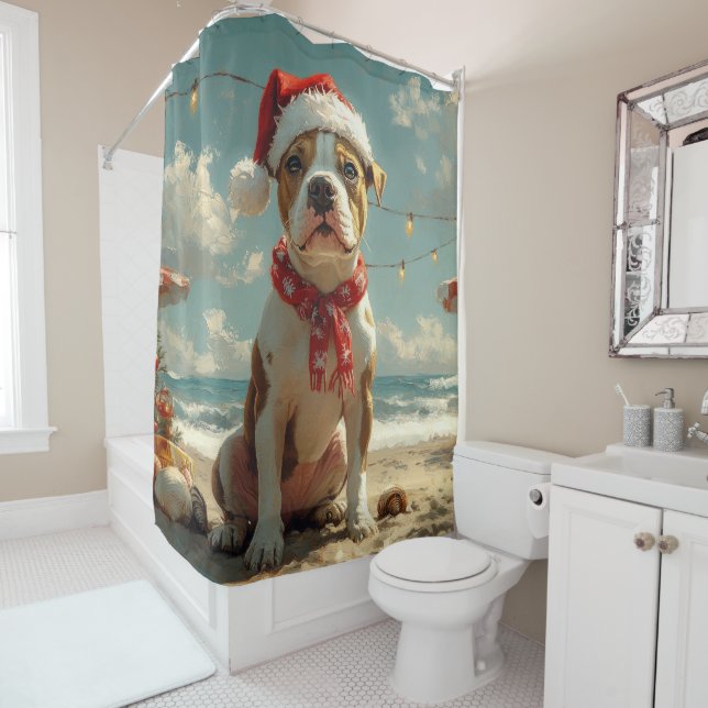 Pitbull Dog Christmas Vintage Beach  Shower Curtain (In Situ)