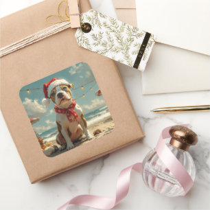 Pitbull Dog Christmas Vintage Beach  Square Sticker