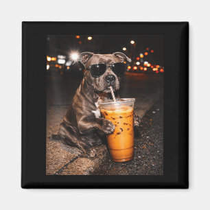 Pitbull dog drinking iced coffee with sunglasses magnet