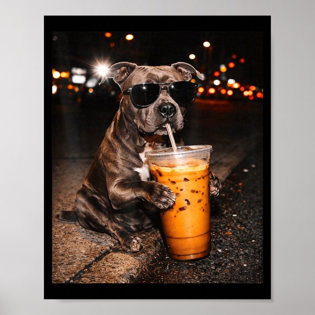 Pitbull dog drinking iced coffee with sunglasses poster (Front)