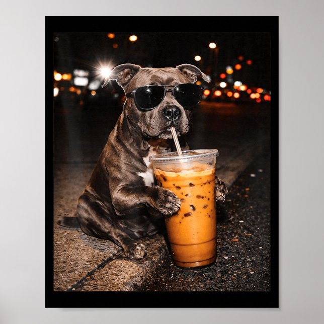 Pitbull Dog Drinking Iced Coffee with Sunglasses Poster (Front)