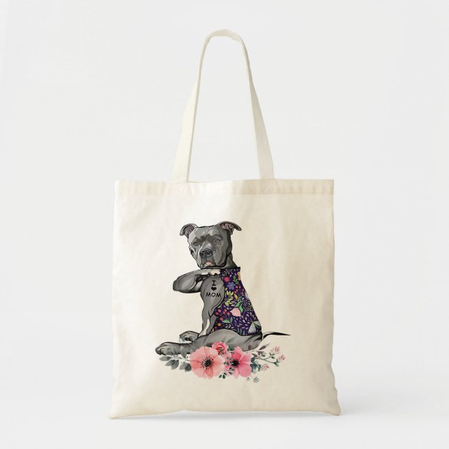 Pitbull Dog Flower PitBull I Love Mum Pitbull Tatt Tote Bag (Front)