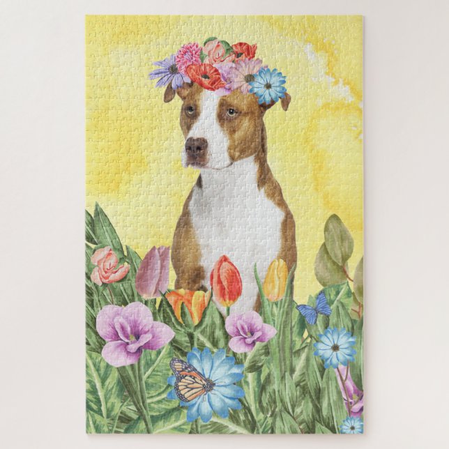 Pitbull Dog Flowers Jigsaw Puzzle (Vertical)