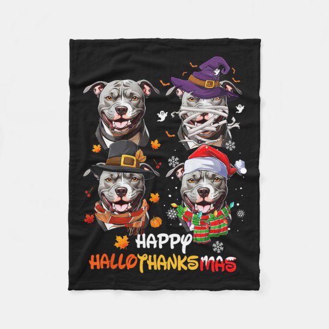 Pitbull Dog Hallothanksmas Halloween Thanksgiving  Fleece Blanket (Front)