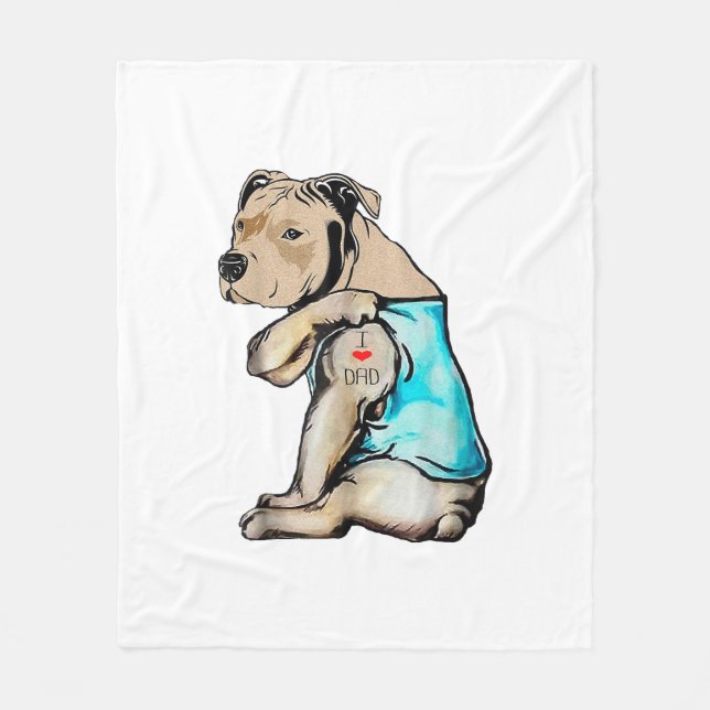 Pitbull Dog I Love Dad Tattoo Funny Family Fleece Blanket (Front)