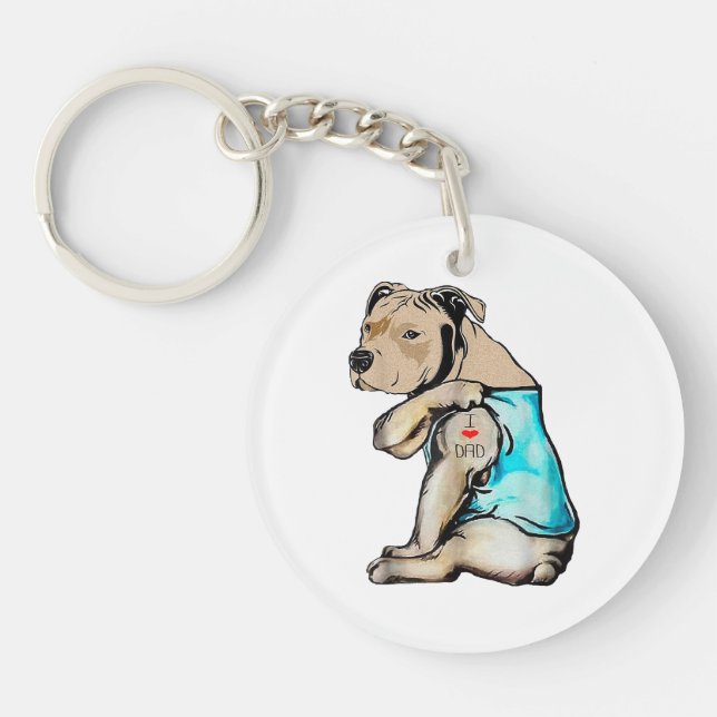 Pitbull Dog I Love Dad Tattoo Funny Family Key Ring (Front)