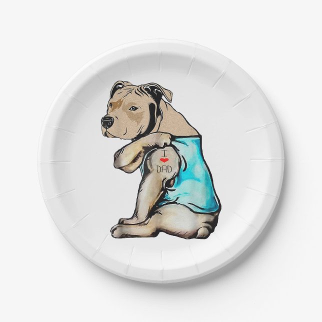 Pitbull Dog I Love Dad Tattoo Funny Family Paper Plate (Front)