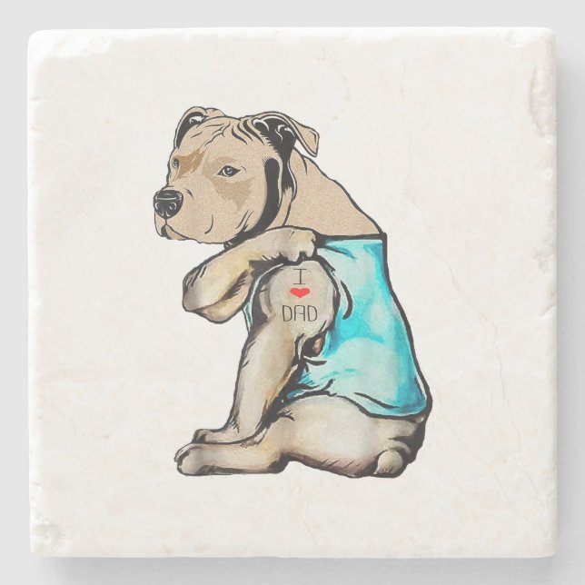 Pitbull Dog I Love Dad Tattoo Funny Family Stone Coaster (Front)