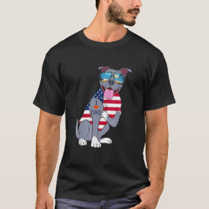 Pitbull Dog I Love Dad Tattoo Glasses American Fla T-Shirt