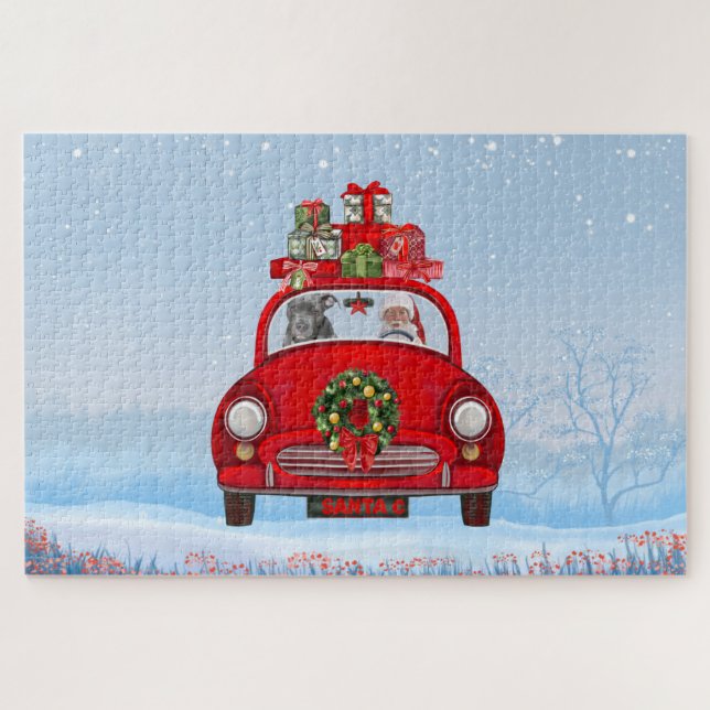 Pitbull Dog In Car With Santa Claus  Jigsaw Puzzle (Horizontal)