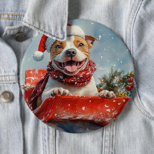 Pitbull Dog in Sledge Let it Snow Christmas 6 Cm Round Badge