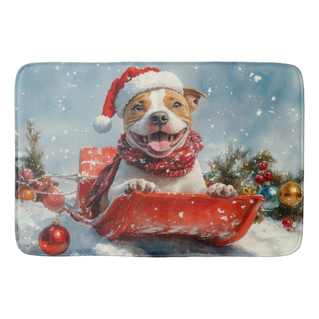 Pitbull Dog in Sledge Let it Snow Christmas Bath Mat (Front)