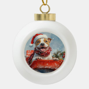 Pitbull Dog in Sledge Let it Snow Christmas Ceramic Ball Christmas Ornament