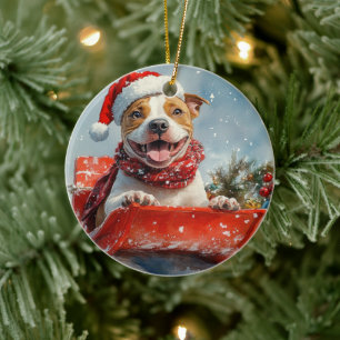 Pitbull Dog in Sledge Let it Snow Christmas Ceramic Tree Decoration