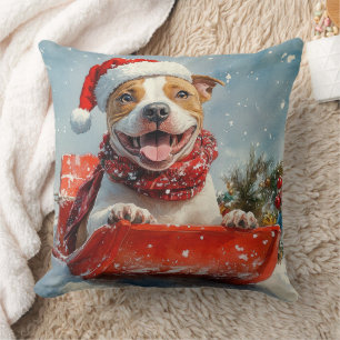 Pitbull Dog in Sledge Let it Snow Christmas Cushion