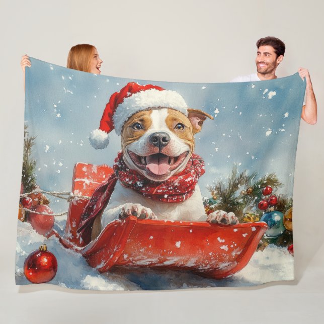 Pitbull Dog in Sledge Let it Snow Christmas Fleece Blanket (In Situ)