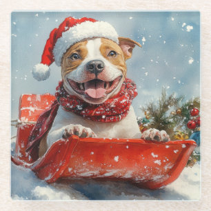 Pitbull Dog in Sledge Let it Snow Christmas Glass Coaster