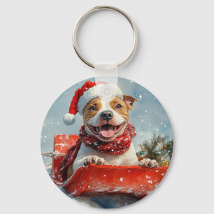 Pitbull Dog in Sledge Let it Snow Christmas Key Ring