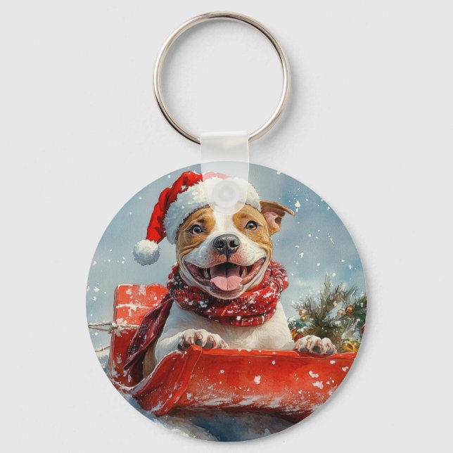 Pitbull Dog in Sledge Let it Snow Christmas Key Ring (Front)