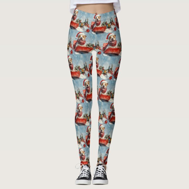 Pitbull Dog in Sledge Let it Snow Christmas Leggings (Front)