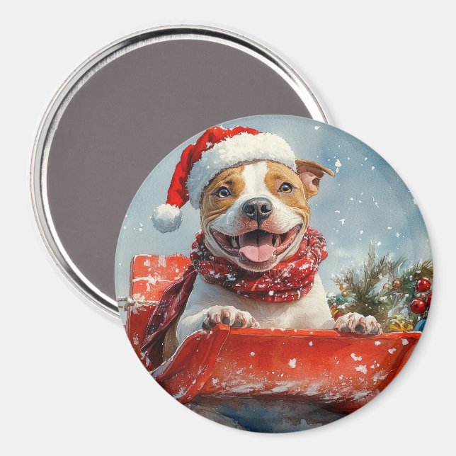 Pitbull Dog in Sledge Let it Snow Christmas Magnet (Front/Back)