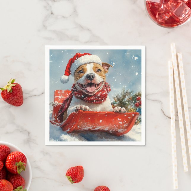 Pitbull Dog in Sledge Let it Snow Christmas Napkin (Insitu)