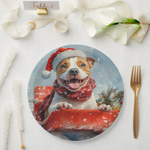 Pitbull Dog in Sledge Let it Snow Christmas Paper Plate