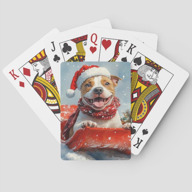Pitbull Dog in Sledge Let it Snow Christmas Playing Cards (Back)