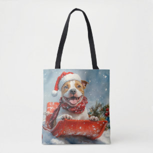 Pitbull Dog in Sledge Let it Snow Christmas Tote Bag