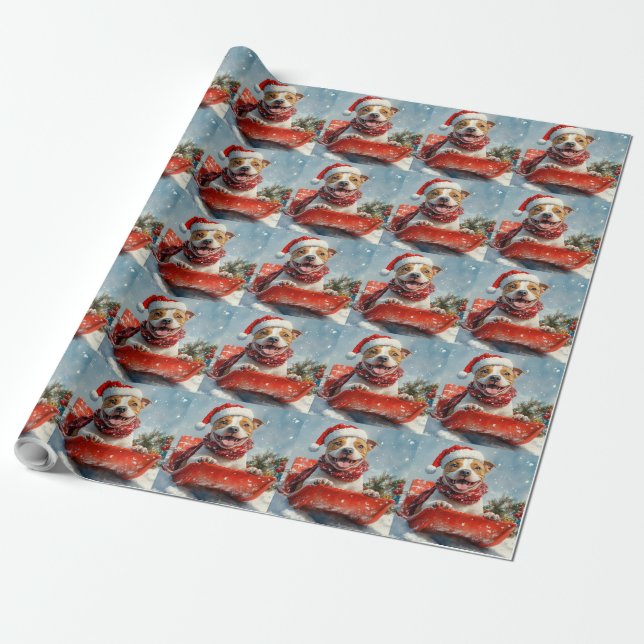 Pitbull Dog in Sledge Let it Snow Christmas Wrapping Paper (Unrolled)